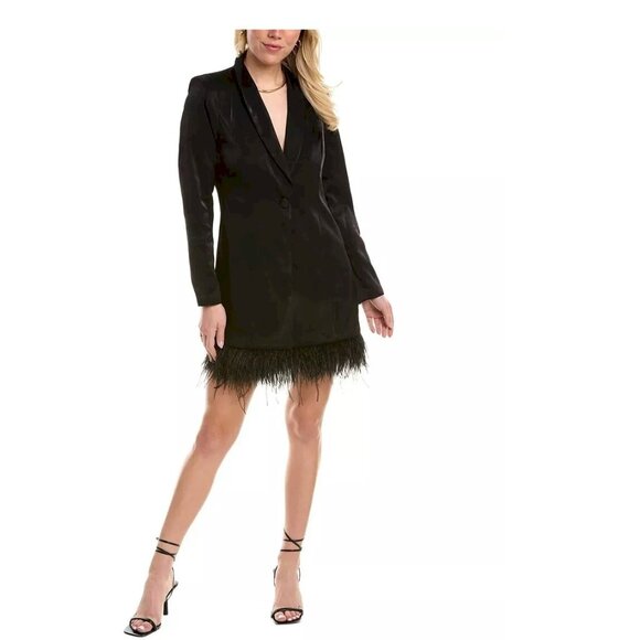 Aidan Mattox Charmeuse Black Tuxedo Dress w Feather Trim Size 0 NWT - Picture 1 of 3